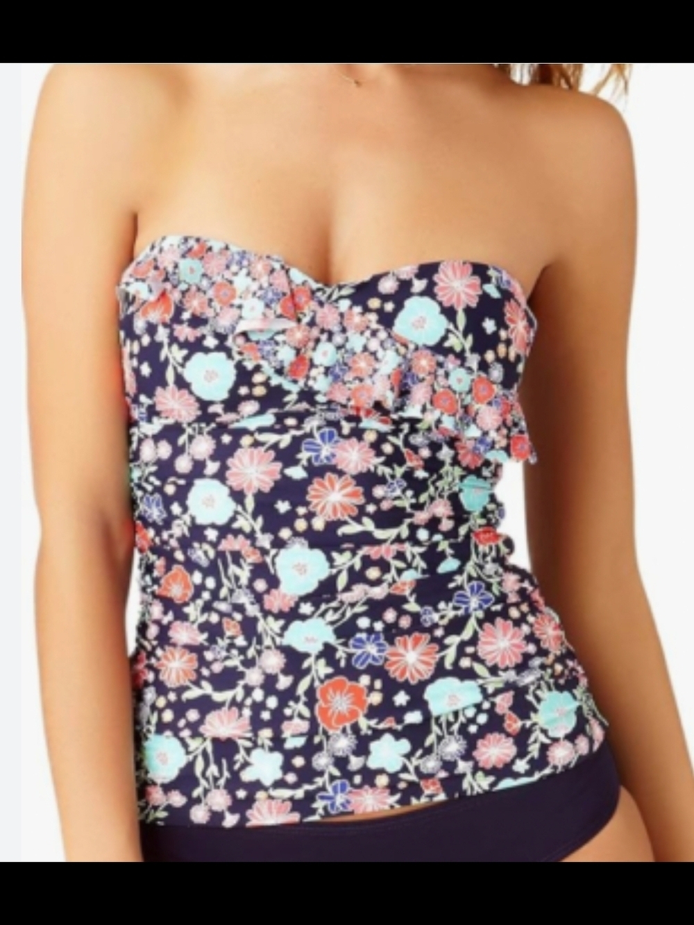 Anne Cole Navy Floral Ruffle Lazy Daisy Bandeau Tankini Top